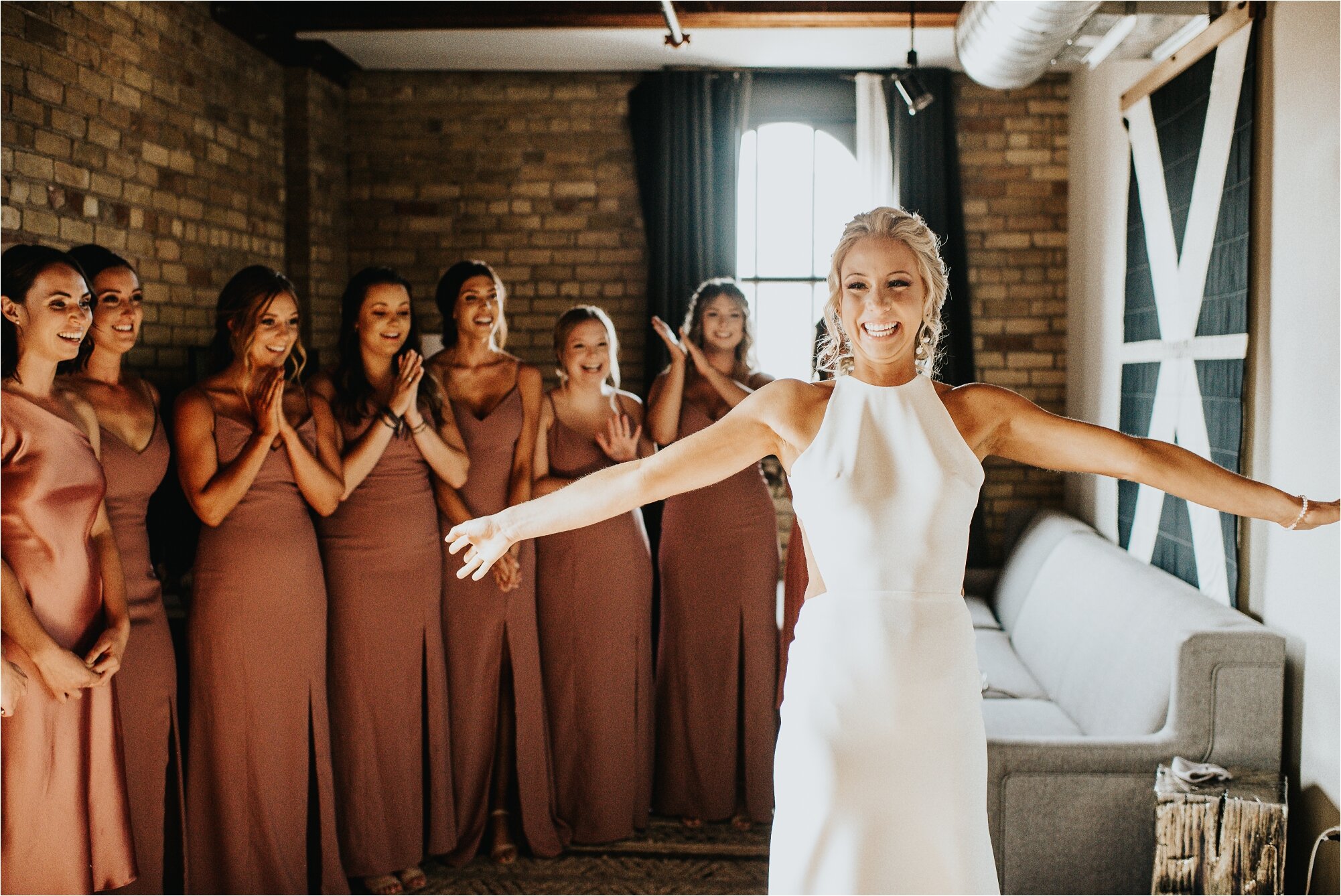  bridesmaid reveal bride wedding day smiling friends girlfriends north loop minnesota 