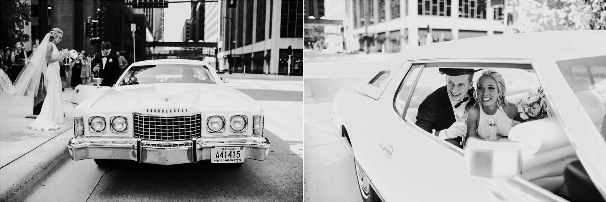  antique car getaway exit thunderbird bride groom wedding couple north loop downtown minneapolis minnesota  