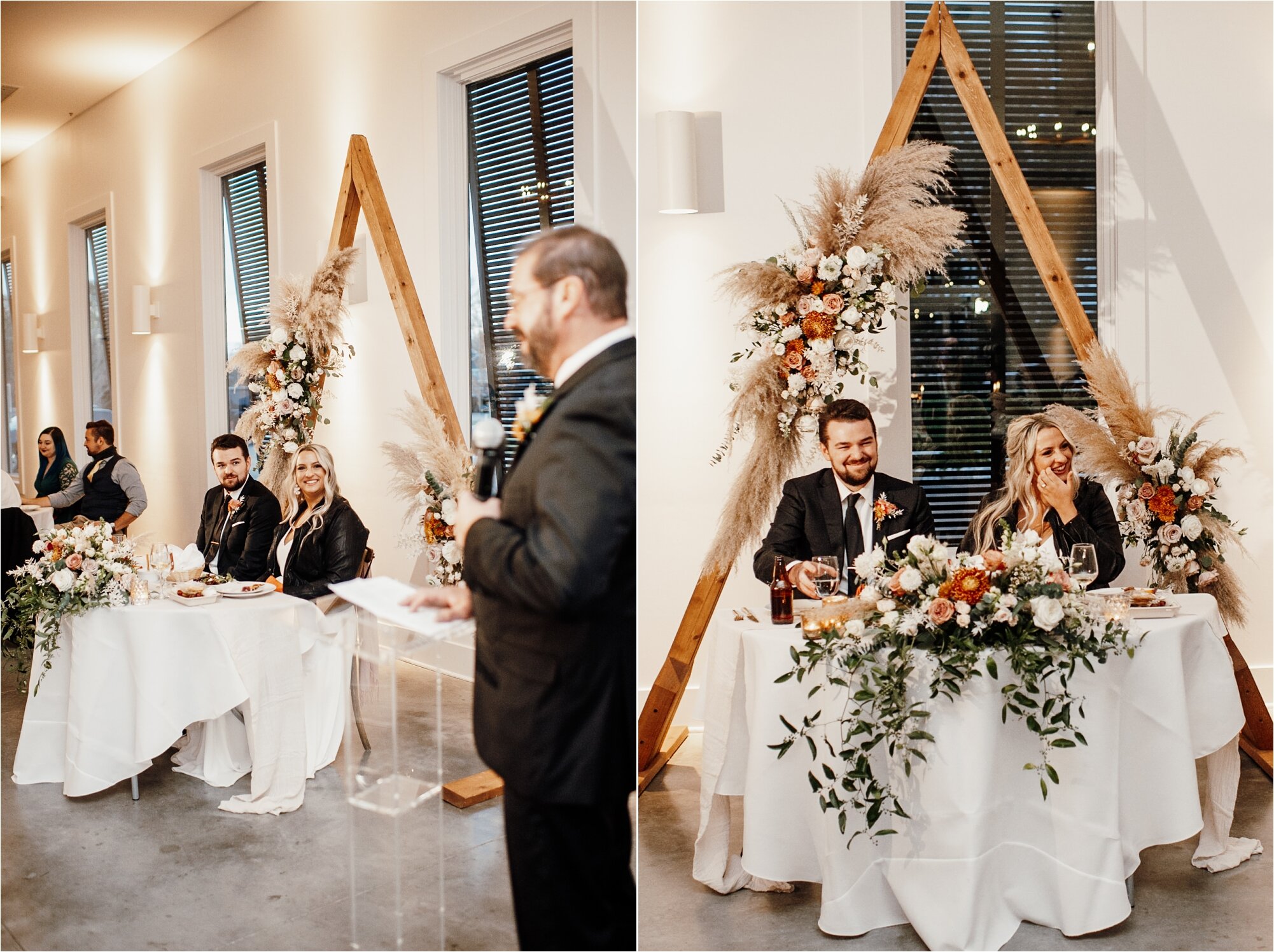  bride’s family giving speech for the couple at their wedding groom laughing telling stories 